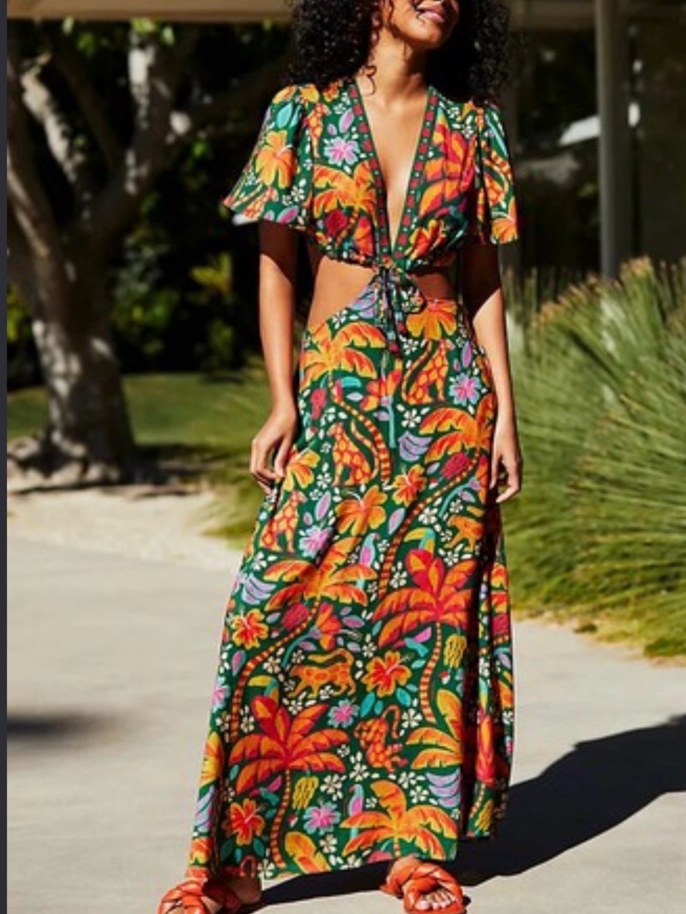 FARM RIO
Tropical Floral Tie-Front Maxi Dress - Green/Orange